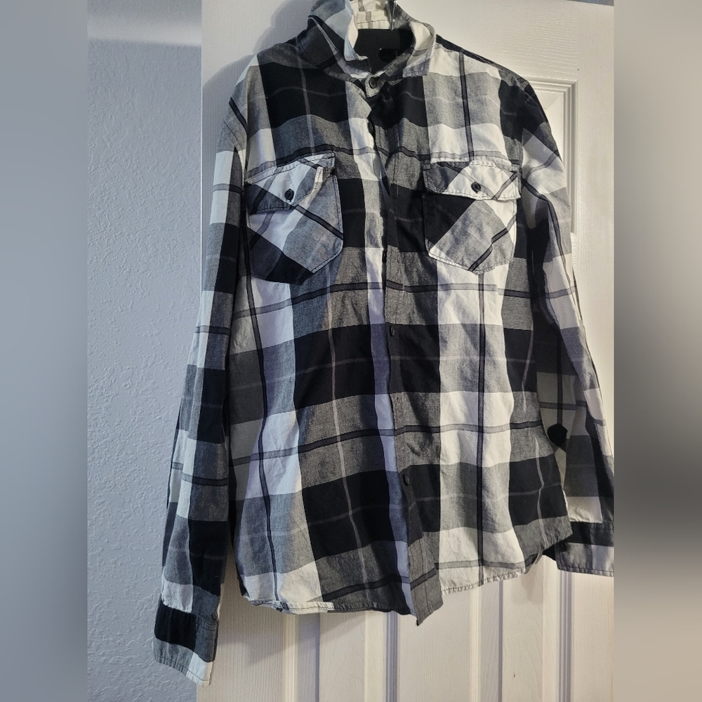 Men's Black and White Plaid Shirt